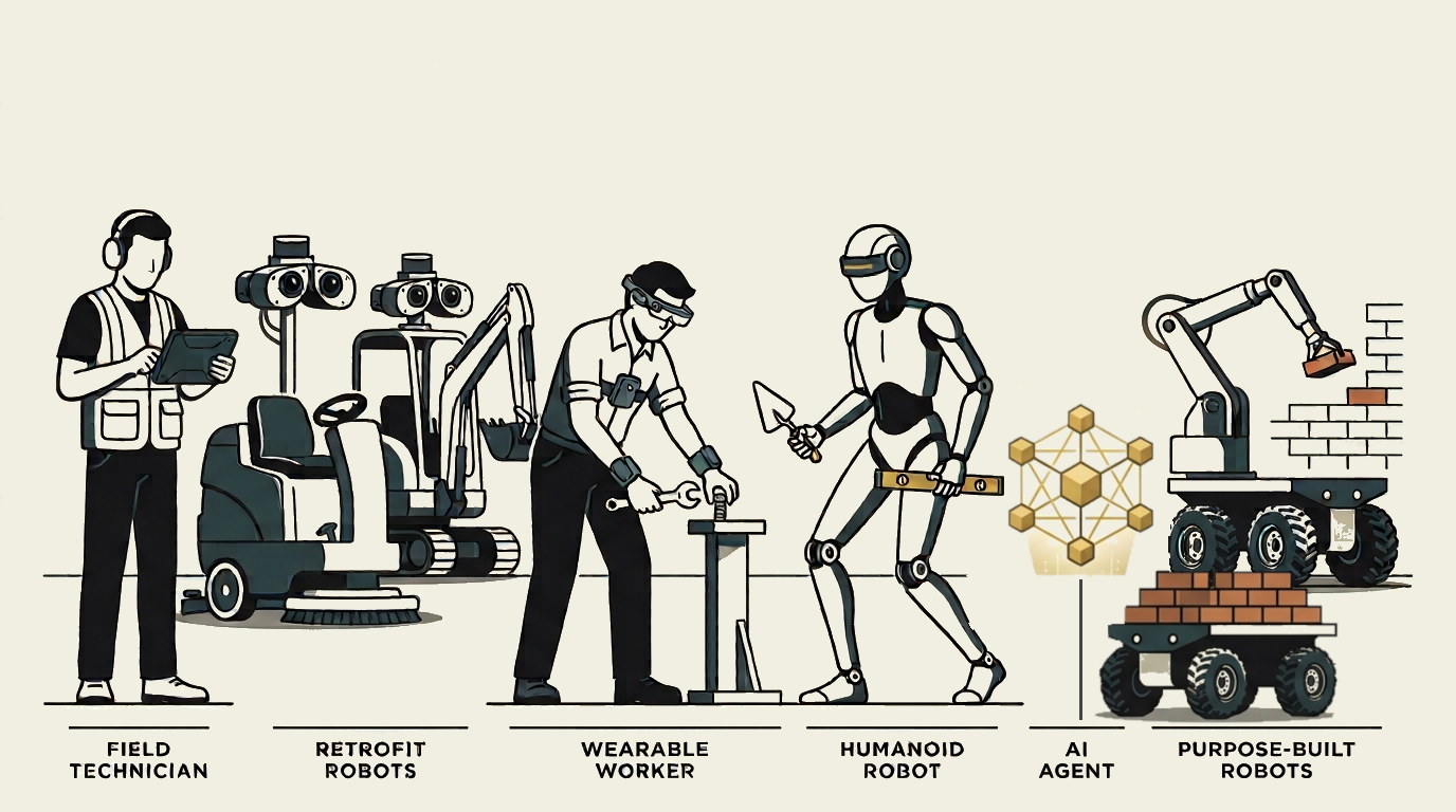 Pragma One coordinates six worker classes: a field technician, retrofit robots (a ride-on floor scrubber and tracked excavator with mounted camera and LiDAR pods), a wearable-equipped worker, a bipedal humanoid robot, an AI agent, and purpose-built construction robots (an AGV material tug and a bricklaying arm).